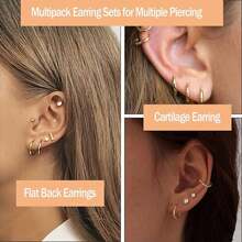 30pcs Small Hypoallergenic Flat Back Earrings, 14K Gold Plated Surgical Stainless Steel Earring Set, Unisex Screw Back Cartilage Earrings