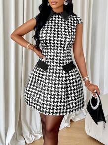AIJ Amarilo Women's Fashionable Houndstooth Print Lapel A-Line Dress(Random Printing)
