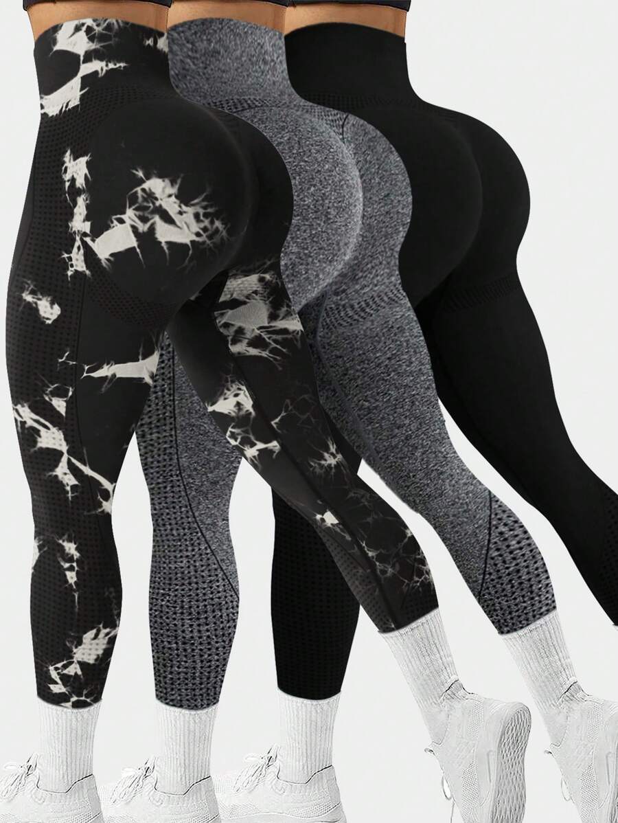 3pcs/Set Women High Waist Seamless Yoga Pants, Moisture Wicking Sports Leggings, Tie Dye Casual Long Pants