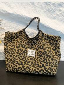 时尚豹纹帆布手提包，百搭优质女士包，适合购物、上班通勤、单肩包，时尚猎豹印花女士包豹纹回归 - 黑色 - 查看 1