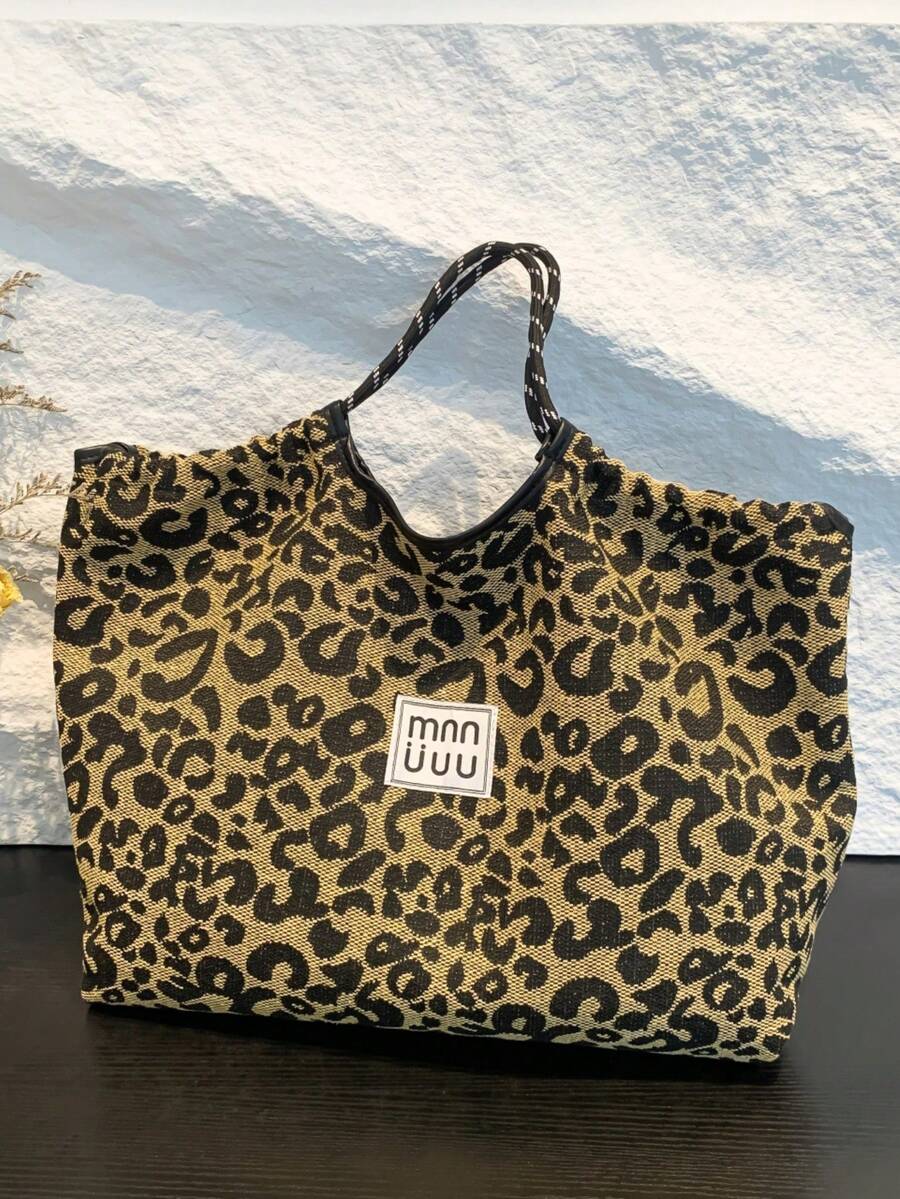 时尚豹纹帆布手提包，百搭优质女士包，适合购物、上班通勤、单肩包，时尚猎豹印花女士包豹纹回归 - 黑色 - 查看 1