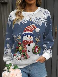 大码时尚雪人图案长袖运动衫，秋冬款 - 藍色 - 查看 1