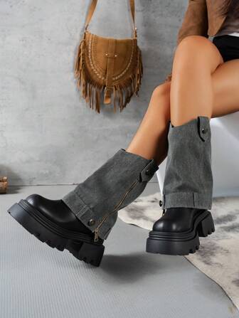 2024 New European Style Fashion Sock Boots, Round Toe Thick Sole Heightening 2-In-1 Boots For Women