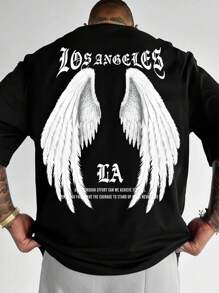 100% Cotton T-Shirt Printed L.A Wings Streetwear Basic Shirt Blouse New - màu đen - Xem 1