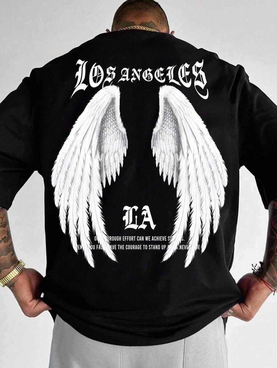 100% Cotton T-Shirt Printed L.A Wings Streetwear Basic Shirt Blouse New - màu đen - Xem 1