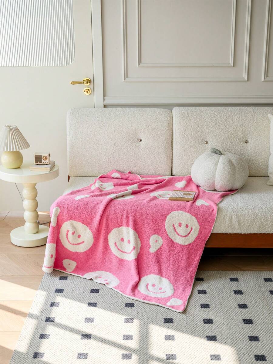 1 chiếc chăn mềm mại họa tiết nụ cười, chăn hai mặt mềm mại thoải mái, thích hợp cho ghế sofa, giường và du lịch, quà tặng ngày lễ đa chức năng - đôi màu trắng - Xem 1