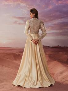 YISIKADO 女士正式晚礼服优雅亮片缎面高领长袖连衣裙、舞会礼服、适合婚礼嘉宾、毕业典礼、晚宴 - 杏色 - 查看 3