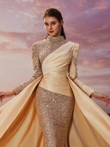 YISIKADO 女士正式晚礼服优雅亮片缎面高领长袖连衣裙、舞会礼服、适合婚礼嘉宾、毕业典礼、晚宴 - 杏色 - 查看 7