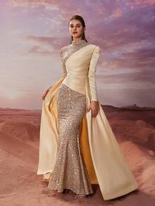 YISIKADO 女士正式晚礼服优雅亮片缎面高领长袖连衣裙、舞会礼服、适合婚礼嘉宾、毕业典礼、晚宴 - 杏色 - 查看 4