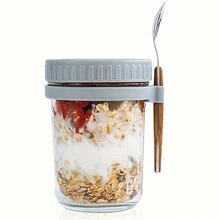 1 pieza Envase para avena de la noche de 350/600ml con tapa y cuchara, frasco de avena de la noche de gran capacidad a prueba de aire con marca de medición, vaso de ensalada, yogurt, leche de cereal reutilizable, artículos de cocina (se recomienda usar de acuerdo a la escala, no demasiado lleno) - Gris - Ver 9
