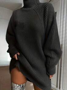 Plus Size Solid Color Turtleneck Plus Size Ribbed Knit Sweater Dress, For Winter