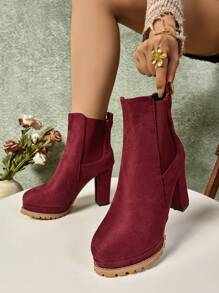 Giày bốt cao gót màu đỏ, gót dày, kiểu xỏ vào, tăng chiều cao, đa năng, phù hợp với người thấp, mọi mùa - Màu Đỏ Sâu - Xem 6