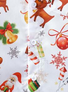 Tween Boy Santa Claus And Reindeer Pattern Long Sleeve Turndown Collar Shirt, Fashionable Casual Christmas Gift