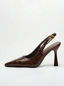 Women's Pointed Toe Fashion Buckle Embellished Patent Leather Slingback Heel Pumps Valentines