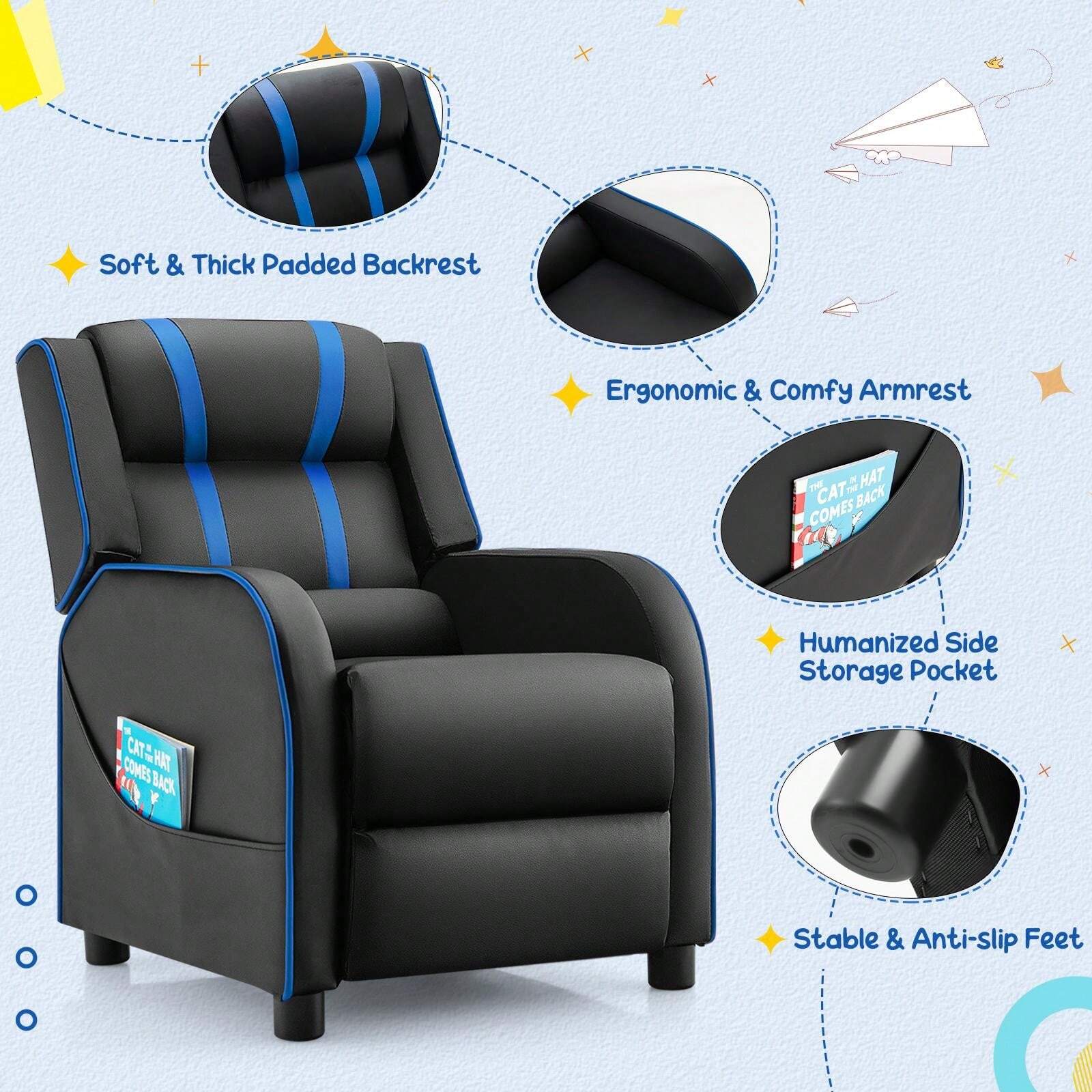 Kids Recliner Chair With Side Pockets, Toddler Ergonomic PU Leather