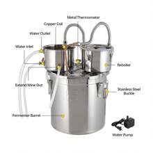 Alambique de alcohol doblemente refrigerado de 3, 5, 8 y 13 galones - Kit de destilación casera de acero inoxidable con tubos de cobre, termómetro incorporado, kit multiusos de 3 recipientes para whisky y brandy. - Enchufe tipo A estándar de EE. UU. (110-127 V) - Ver 4