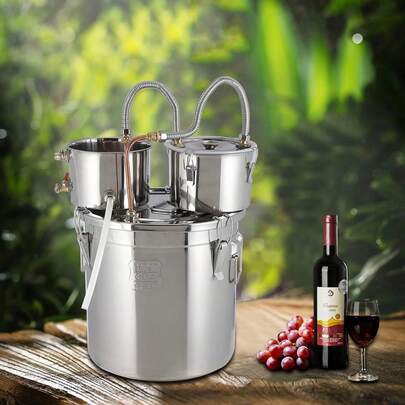 Alambique de alcohol doblemente refrigerado de 3, 5, 8 y 13 galones - Kit de destilación casera de acero inoxidable con tubos de cobre, termómetro incorporado, kit multiusos de 3 recipientes para whisky y brandy.
