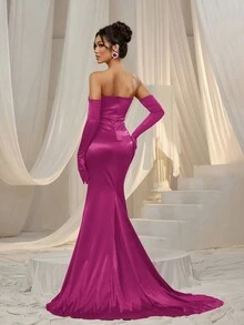 Faeriesty Satin Ruched Wrap Hem Tube Prom Dress (Gloves Included) - Hot Pink - View 2