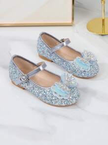 Shiny Sequin Bow Tie Party Wedding Dance Flat Shoes, Wedding Guest Ballet Flats Suitable For Toddler, Little Kid And Big Kid, High-End Fashion Shiny Sequin Party Wedding Dance Flat Shoes - Blue - View 2