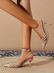 Women's High Heel Thin Strap Hollow-Out Fashion Backstrap Pumps - Beige - View 5