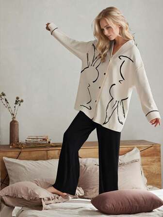 Women Cartoon Collar Long Sleeve Top And Pants 2pcs Pajama Set, Fall Spring,Two Pieces Set