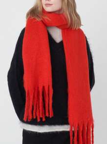 1pc Thick Christmas Solid Color Fluffy Tassel Warm Scarf, Fashionable Windproof Wrap Shawl, Soft And Comfortable, Suitable For Daily Wear In Autumn/Winter