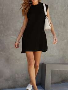 女士纯色无袖针织连衣裙，适合秋季穿着【返校季】 - 黑色 - 查看 5