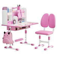 2Pcs/Set Kids Study Desk Chair Set, Height Adjustable Children School Study Table Chair Set With Sitting Corrector, Ergonomic Desk Chair With Book Stand, Foot Pedal, Partition Design (Pink, Blue)
