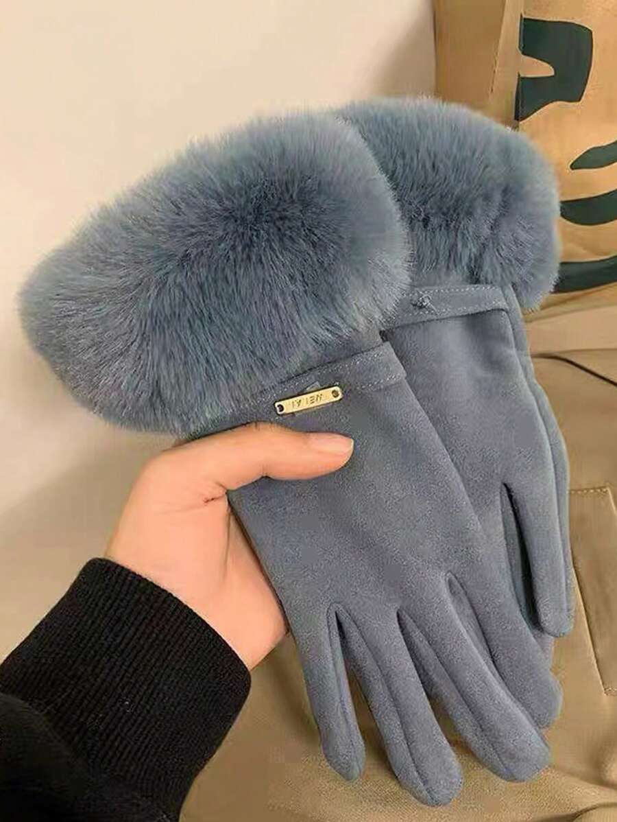 女士防水触屏手套，带柔软羊毛衬里，冬季保暖户外手套万圣节 - 藍色 - 查看 1