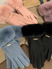 女士防水触屏手套，带柔软羊毛衬里，冬季保暖户外手套万圣节 - 藍色 - 查看 3
