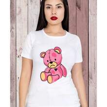 MODAS CHOPIS PLAYERA DE DAMA CUELLO REDONDO MANGA CORTA FRESCA PARA GYM CON DISEÑO DE OSITO ROSA - Blanco - Ver 1