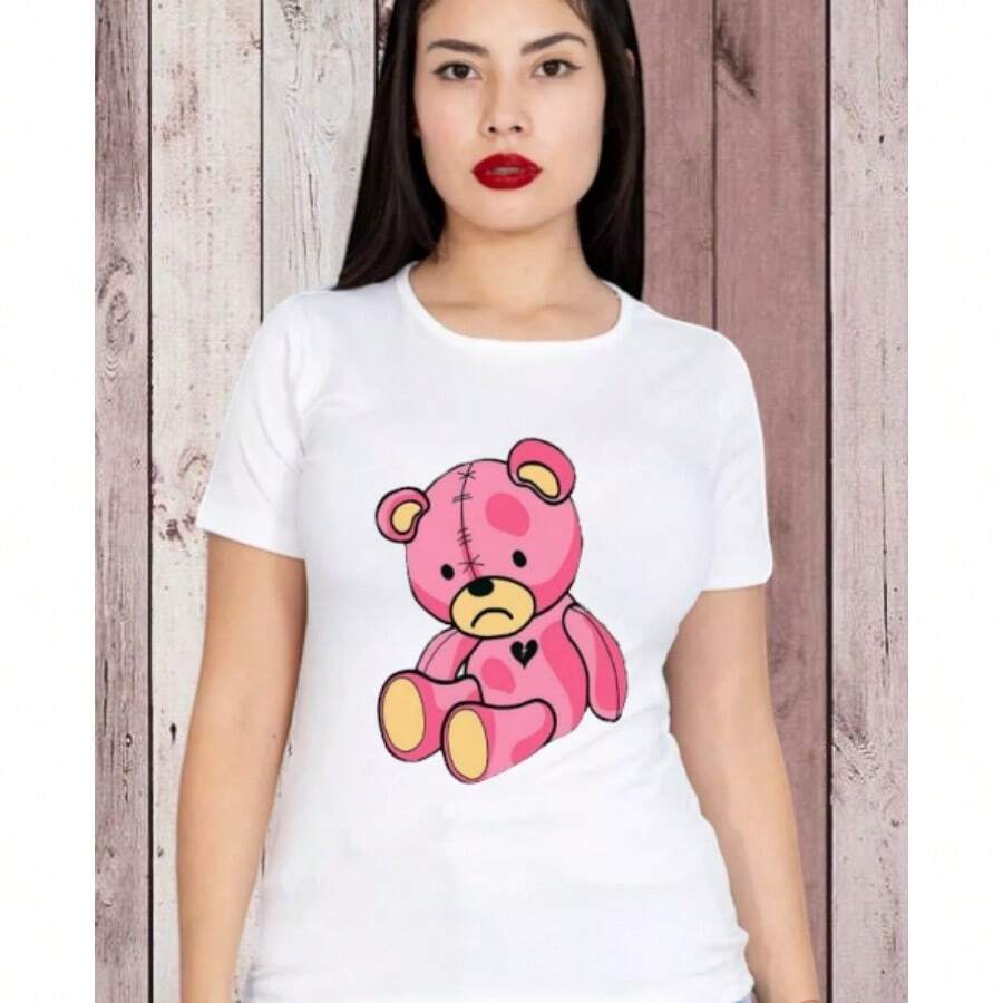 MODAS CHOPIS PLAYERA DE DAMA CUELLO REDONDO MANGA CORTA FRESCA PARA GYM CON DISEÑO DE OSITO ROSA - Blanco - Ver 1