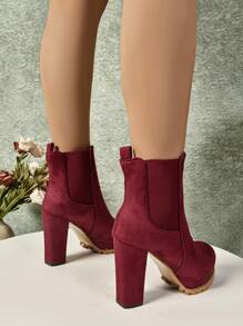 Giày bốt cao gót màu đỏ, gót dày, kiểu xỏ vào, tăng chiều cao, đa năng, phù hợp với người thấp, mọi mùa - Màu Đỏ Sâu - Xem 3