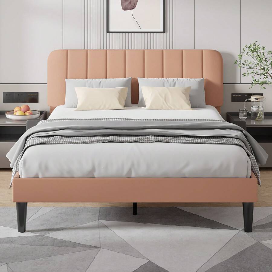 Estructura de cama tapizada VECELO con cabecero ajustable, sin necesidad de caja de resortes - Café integral - Ver 1