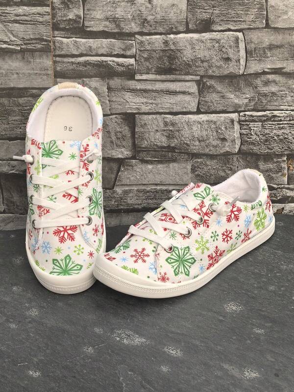 أحذية رياضية عادية مطبوعة للنساء في عيد الميلاد، أحذية رياضية مريحة خفيفة الوزن ذات نعل ناعم عديمة الكعب ذات رباط وأصبع دائري، زائد الحجم