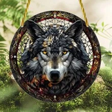 1 Stück farbiges, glasartiges graues Wolf Fenster Hängedeko, 2D runde Acryl Suncatcher, geeignet für Terrasse, Garten, Veranda, Wohnzimmer Dekoration, Geburtstagsgeschenk, Heimdekoration, Raumdekoration, Wanddekoration
