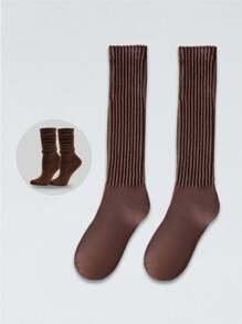 1双女士长筒袜，过膝袜，中筒袜，纯色小腿袜，堆堆袜，简约百搭，四季皆宜，日常穿着舒适保暖。 - 咖啡棕 - 查看 3