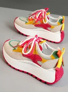 1 Pair Women Colorful Casual Sneakers, Round Toe, Lace Up, Waterproof, For Outdoor, Spring Autumn