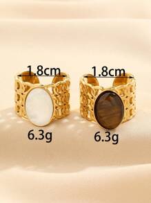 2pcs Stainless Steel Fashionable Luxurious Gold Rings Set With Brown And White Cat Eye Gemstones, Suitable For Women's Daily Wear Or Gift - Yellow Gold - View 3