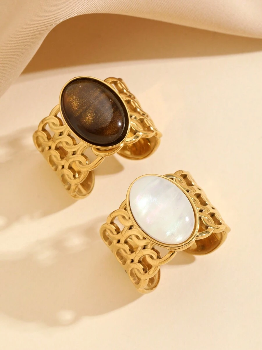 2pcs Stainless Steel Fashionable Luxurious Gold Rings Set With Brown And White Cat Eye Gemstones, Suitable For Women's Daily Wear Or Gift - Yellow Gold - View 1