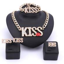 Damen Charme Braut Kristall Kuss Lippenstift Großer Buchstabe Halskette Ohrringe Ring Armband Klassisches Hochzeit Party Schmuckset