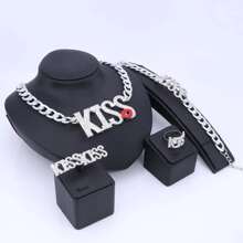 Damen Charme Braut Kristall Kuss Lippenstift Großer Buchstabe Halskette Ohrringe Ring Armband Klassisches Hochzeit Party Schmuckset