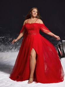 VIPGIRL 华丽厚重工艺红色细肩带多层薄纱大码礼服，高开叉，奢华串珠装饰，派对礼服，女士舞会礼服，正式晚礼服，优雅礼服，适合婚礼嘉宾、毕业典礼、晚宴 - 紅色 - 查看 6