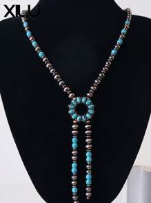 1 chiếc vòng cổ hạt ngọc lam hình tròn hình học với chất liệu CCB - Mặt dây chuyền phong cách Navajo phương Tây cho chuỗi áo len của phụ nữ - phong cách Navajo - Xem 17