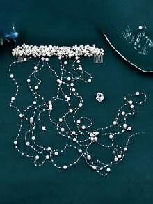 1入珍珠髮飾,高雅手工編織流蘇和花邊頭飾,適用於新娘婚禮裝飾 - 銀色 - 查看 8