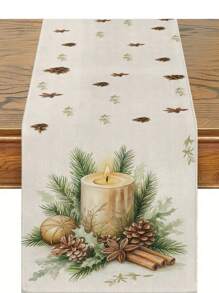 1pc Christmas Candle & Pine Cone Table Runner, Christmas Home Decor Table Runner, Indoor Outdoor Party Supplies, Room Decoration. Suitable For Christmas Home Kitchen Decor And Christmas Event Party Decoration - Multicolor - View 7