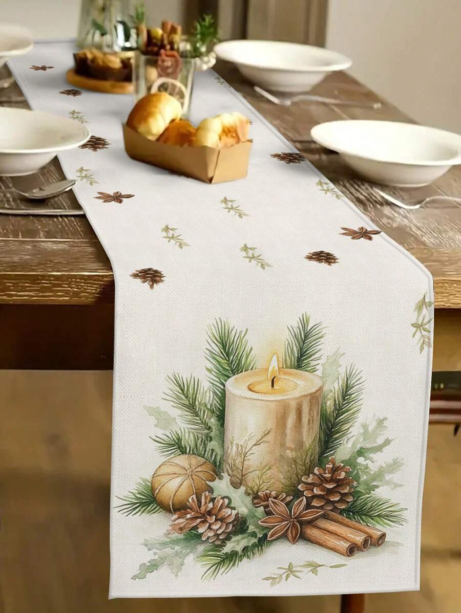 1pc Christmas Candle & Pine Cone Table Runner, Christmas Home Decor Table Runner, Indoor Outdoor Party Supplies, Room Decoration. Suitable For Christmas Home Kitchen Decor And Christmas Event Party Decoration - Multicolor - View 1