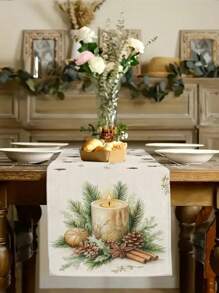 1pc Christmas Candle & Pine Cone Table Runner, Christmas Home Decor Table Runner, Indoor Outdoor Party Supplies, Room Decoration. Suitable For Christmas Home Kitchen Decor And Christmas Event Party Decoration - Multicolor - View 6