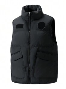 Men's Winter Casual Padded Vest, Stand Collar, Sleeveless, Solid Color