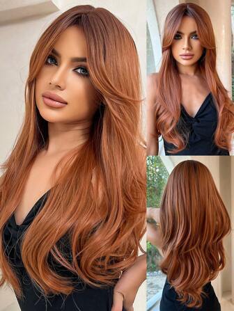 Orange Center Part Bangs Long Curls Woven Chemical Fiber Hair Daily Outdoor Street + Simulation Scalp